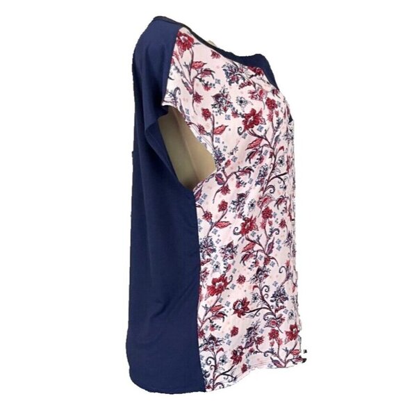 Marc New York L Pink Floral Split Neckline Navy Back Short Dolman Sleeve Blouse - Picture 5 of 6
